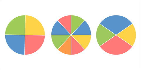 Circle division infographic icon set. Pie chart divided 4,5,6 equal parts. Color pizza or donut round diagram. Infographic wheel segment and fraction. Vector illustration isolated on white background.
