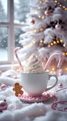 Fototapeta premium Illustration of a serene white winter wonderland interior featuring a delicate white ceramic mug filled with whipped cream and pastel pink sprinkles on a background Christmas tree.