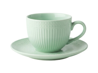 Isolated vintage sea green ceramic teacup and saucer, classic tea set for refreshment break
