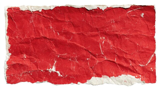 Crumpled bright red paper texture with ragged distressed torn edge