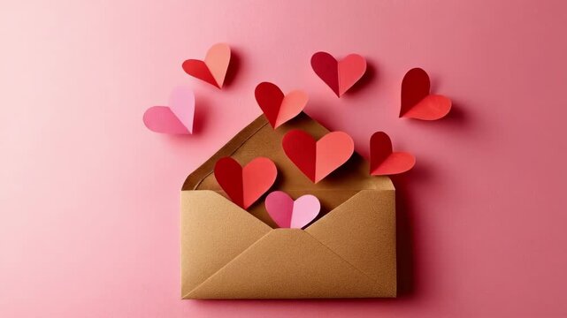 Brown envelope with red paper hearts against pink background