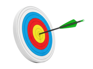 Isolated archery target with arrow hitting bullseye, success concept with concentric circles