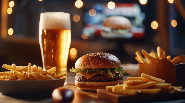 Delicious burger and crispy fries served with a refreshing beer in a cozy setting with warm lights - Powered by Adobe