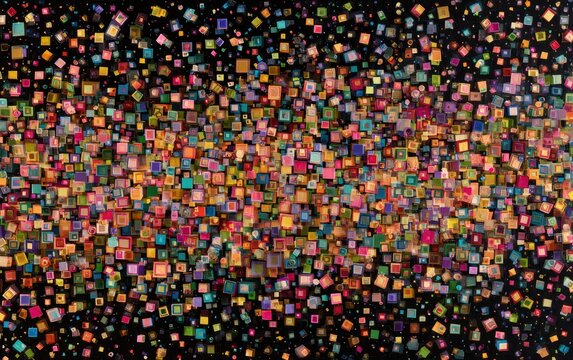 Abstract mosaic of numerous, colorful, irregularly-shaped squares, appearing to float on black