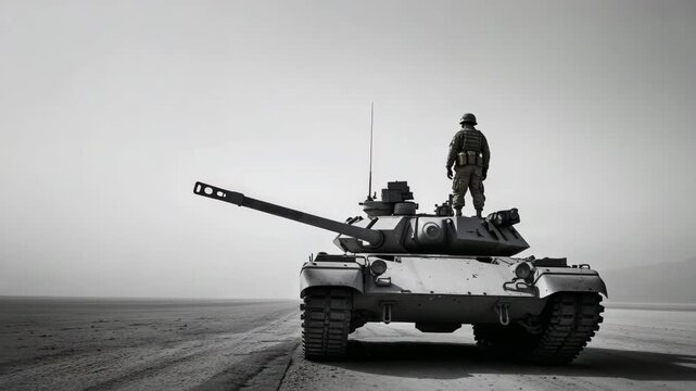 Soldier stands on top of tank in desert landscape during daylight hours