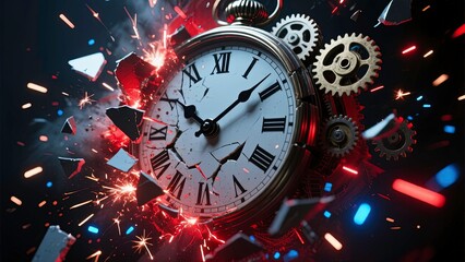 close-up of a mechanical clock exploding into fragments with gears shards and glowing