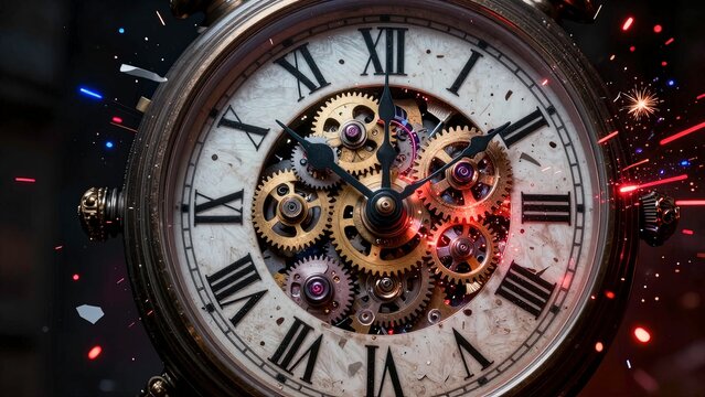 close-up of a mechanical clock exploding into fragments with gears shards and glowing