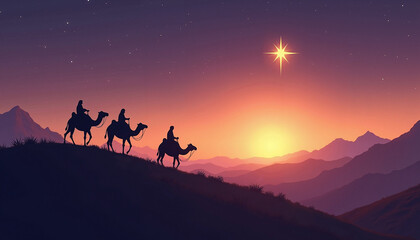 Three wise men ride camels, desert sunset, guiding star. Journey of three wise men symbolizes Christmas nativity, spiritual path. Powerful imagery for biblical history, ideal for holiday events.