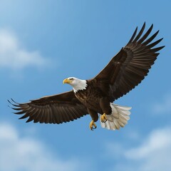 Obraz premium This is an image of a majestic Bald Eagle soaring against a blue sky with clouds