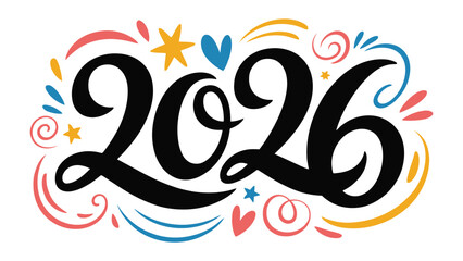 Vibrant New Year: Artistic Typography of 2026, filled with decorative swirls, stars, and hearts, suggesting the promise and anticipation of the coming year.