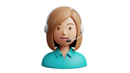 Isolated 3D rendering of a smiling woman wearing a headset with a microphone, customer service help