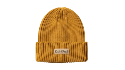 Isolated mustard-colored knitted beanie hat for autumn and winter wear, with Knit&Purl label