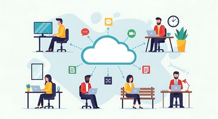 Fototapeta premium Cloud Computing Network with Diverse Professionals Working Remotely.