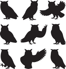 Fototapeta premium Collection of Nine Wise Owl Silhouettes in Mystical Poses