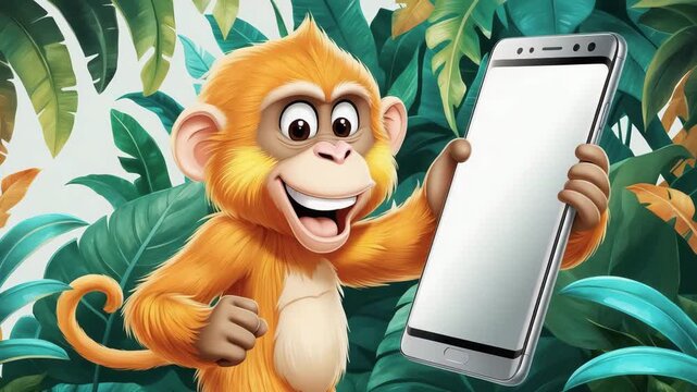 Monkey smiles while holding a smartphone in a jungle setting surrounded by green leaves and plants in the daytime