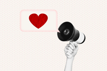 Trend photo banner 3d collage of human hand hold megaphone promote like reaction valentine day...