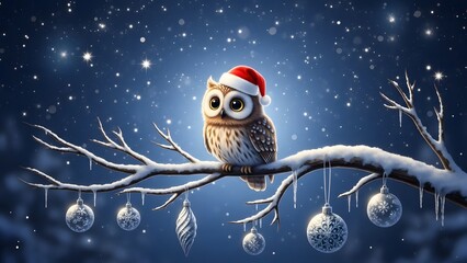 An adorable cartoon owl wearing a Santa hat perched on a snowy branch with glowing ornaments