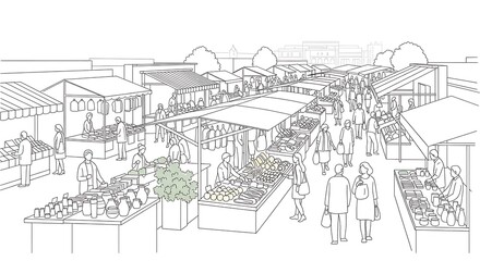 Fototapeta premium Monochrome line art of a busy outdoor farmers market with stalls and people.