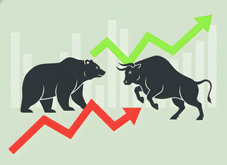 Bull and Bear Facing Off with Opposing Market Arrows