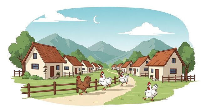 Charming Rural Village with Geese and Chickens Roaming Freely.