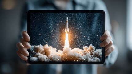 Young Indian entrepreneur holding tablet displaying animated rocket launch with vibrant orange backlighting, symbolizing innovation and ambition in technology and entrepreneurship