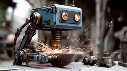 A robot is standing next to a machine that is spewing sparks. The robot is made of metal and has a mechanical look to it. The sparks are flying out of the machine and onto the ground