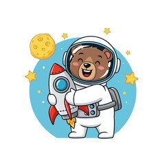 Cute cartoon bear astronaut holding a rocket in space.