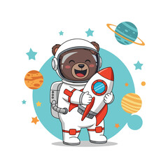 Cute cartoon bear astronaut in a spacesuit holding a toy rocket.