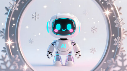 A cheerful AI robot stands within a stunning circular festive frame, surrounded by snow sparkles and winter magic.