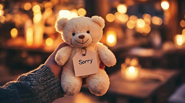 Cute teddy bear with "sorry" tag held by a hand in cozy candlelit setting