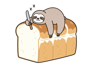 Naklejka premium A cute cartoon sloth is sleeping on a loaf of white bread, holding a knife.