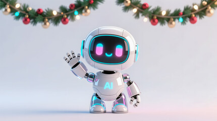 Cute round-face AI robot mascot waving a friendly Christmas greeting.