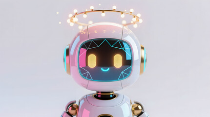 Ultra-cute premium AI robot wearing a halo of warm Christmas lights.