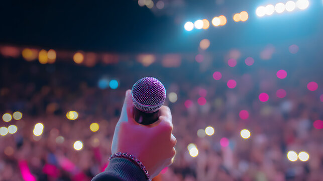 Concert crowd cheers as singer holds microphone on stage during live performance at night - Powered by Adobe