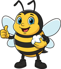 Cute happy smiling bumblebee cartoon mascot character standing giving thumbs up holding a white flower illustration; perfect for children's books, nature, honey, and friendly mascot branding.