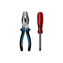 Illustration of a pair of blue-handled pliers and a red-handled screwdriver, common hand tools.