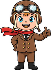 Obraz premium Cute little boy aviator cartoon character standing proudly wearing classic leather pilot helmet goggles scarf brown jacket giving thumbs up for adventure aviation travel vector illustration