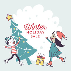 Obraz premium Cute illustration of children ice skating around a Christmas tree with a gift box, promoting a Winter Holiday Sale.