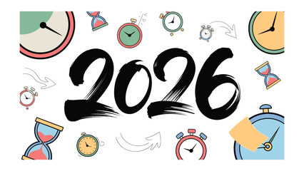 2026: A visually engaging composition featuring the prominent year 2026, artfully presented alongside a collection of clocks and hourglasses, conveying concepts of time, planning, and anticipation.