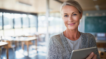 Confident mature woman smiling in bright classroom while holding a digital tablet.