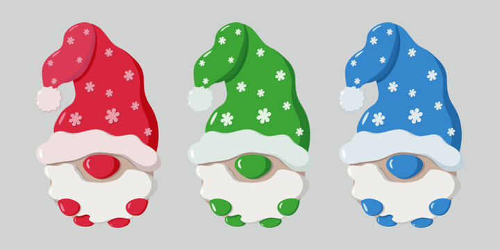 Three festive gnomes with white beards and tall floppy hats decorated with snowflakes. Red, green, and blue color variations. Cartoon-style illustration on light gray background. Cheerful winter chara
