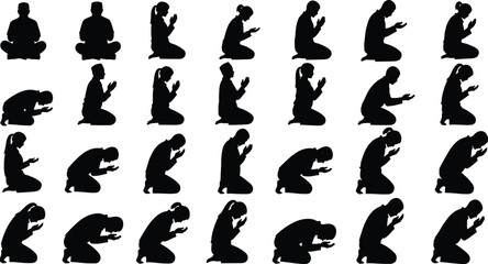 Diverse Muslim Praying Silhouettes Vector Set Depicting Various Worship Positions Including Sitting, Kneeling, Bowing, and Prostration for Spiritual, Religious, and Islamic Designs.