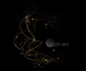 Fototapeta premium An isolated gold wavy circular frame made of fine tinsel on a black background.