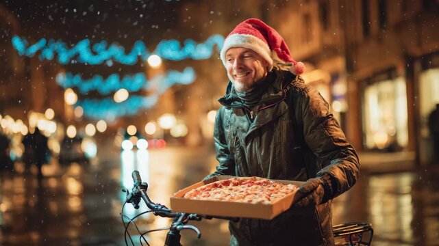 Delivery worker brings hot food through a city at night during the holidays