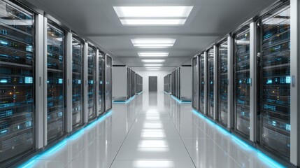 Obraz premium Futuristic data center interior with glowing blue server racks and clean reflective floor under bright ceiling lights perfect for technology background or cybersecurity concept visuals 