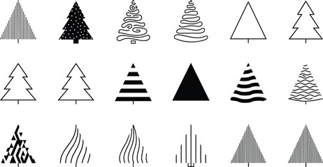 Christmas tree icons, stylized shapes, festive patterns, line art, holiday symbols, graphic design, cad drawing flat vector illustration