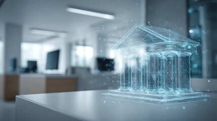Obraz premium Digital hologram of classical bank building appearing in modern office interior representing fintech, data security and the evolution of digital finance 