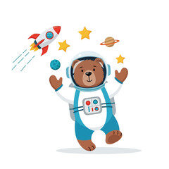 Cute Bear Astronaut Juggling Planets and Stars in Space.
