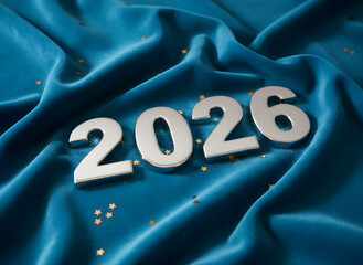 Silver 2026 Numbers on Luxury Blue Fabric with Golden Stars