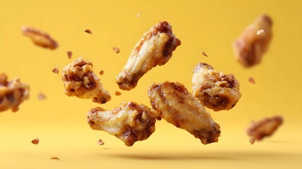 Delicious Fried Chicken Wings Falling Against Yellow Background